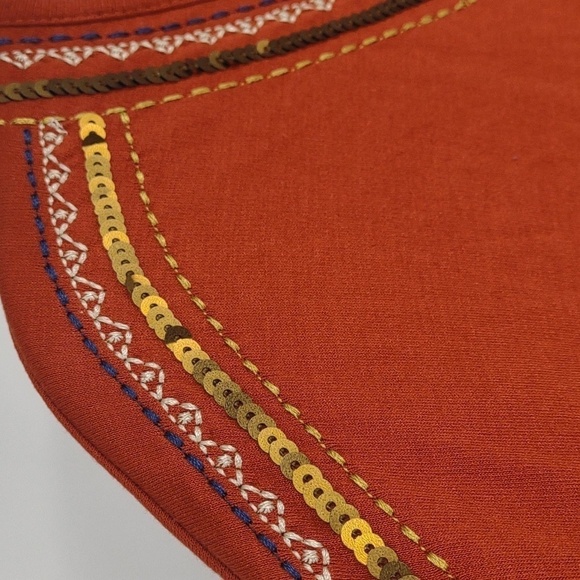Chico's 2R Embroidered Burnt Orange Rust Boho 3/4 Sleeve T Shirt Sequins Large - Picture 7 of 10